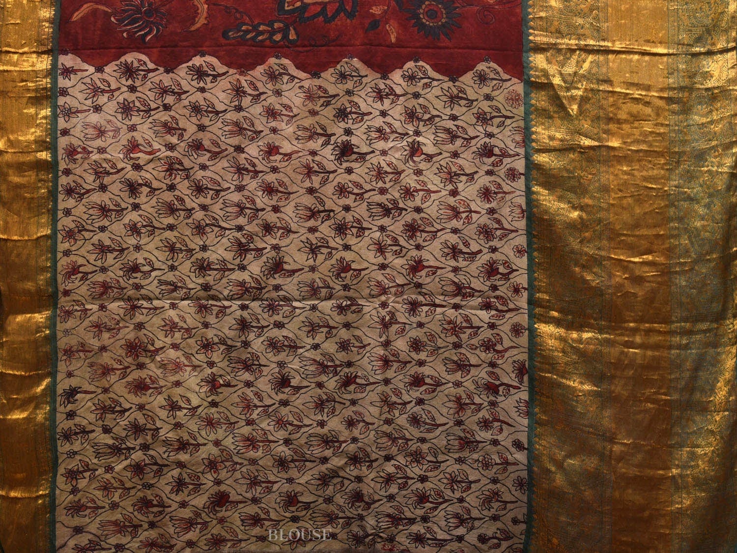 Red and Green Kalamkari Hand Painted Kanchipuram Silk Handloom Saree with Big Floral Design KL0589