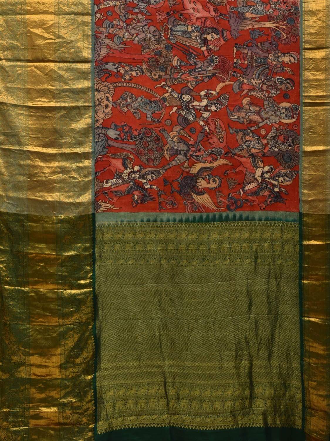 Red and Green Kalamkari Hand Painted Kanchipuram Silk Handloom Saree with Krishna Leela Design KL0577