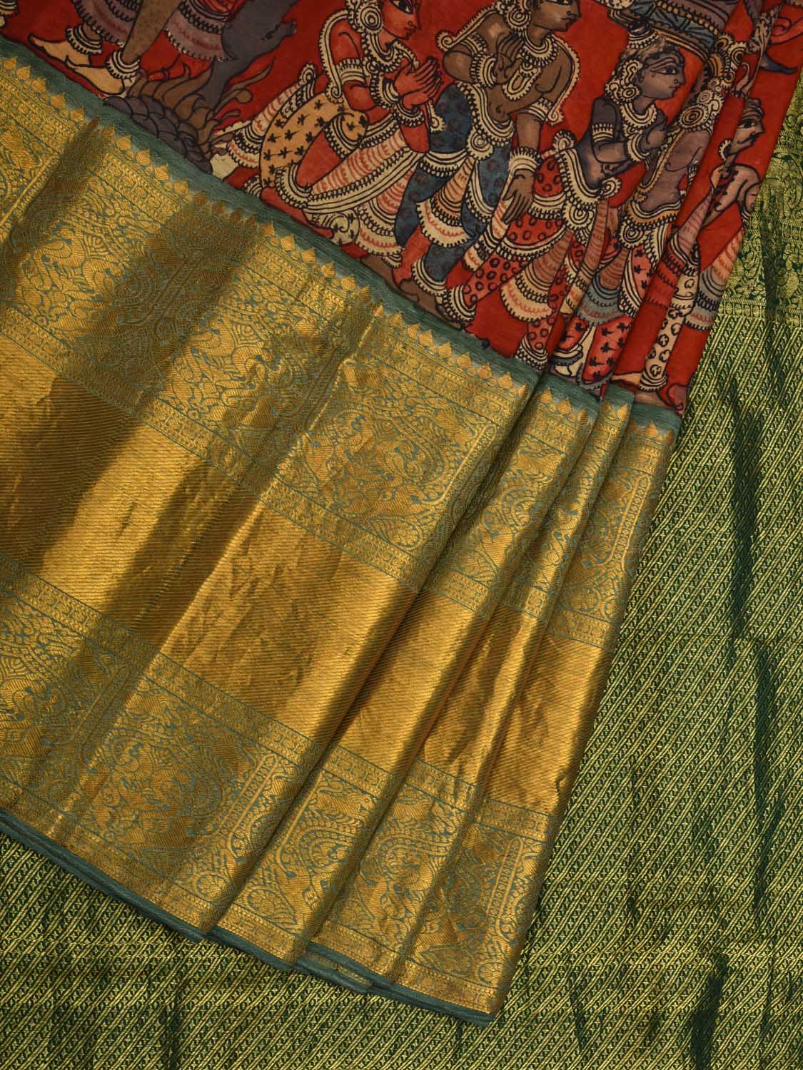Red and Green Kalamkari Hand Painted Kanchipuram Silk Handloom Saree with Krishna Leela Design KL0577