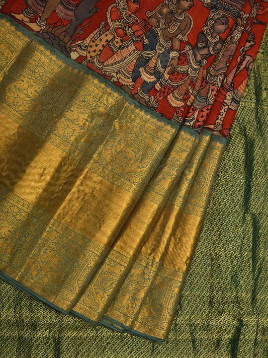 Red and Green Kalamkari Hand Painted Kanchipuram Silk Handloom Saree with Krishna Leela Design KL0577
