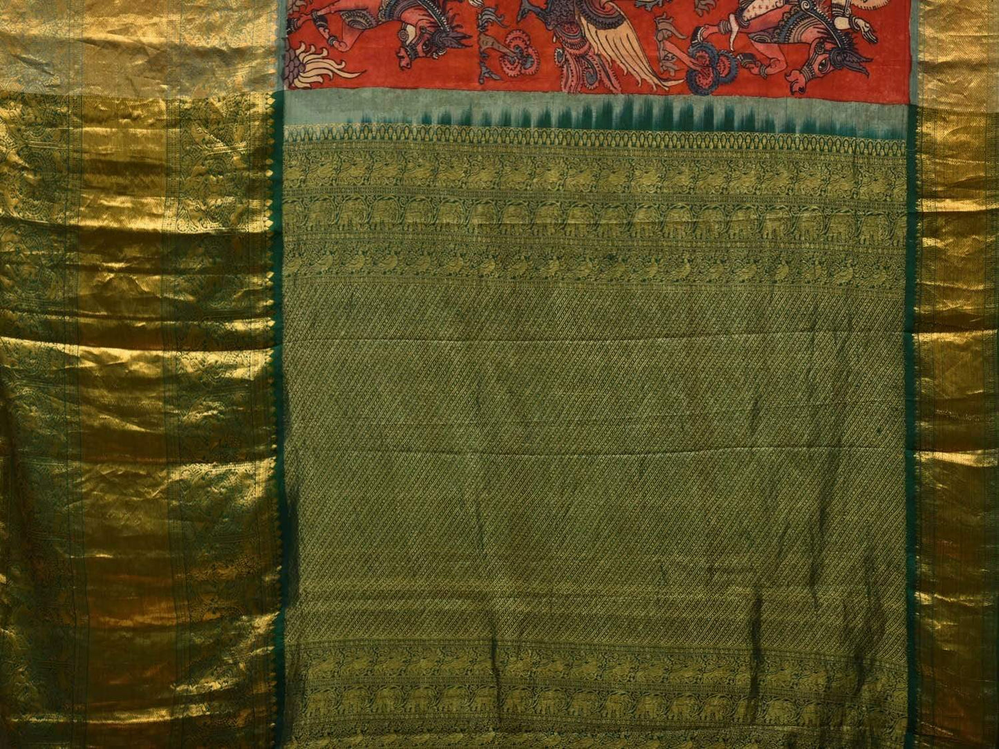 Red and Green Kalamkari Hand Painted Kanchipuram Silk Handloom Saree with Krishna Leela Design KL0577