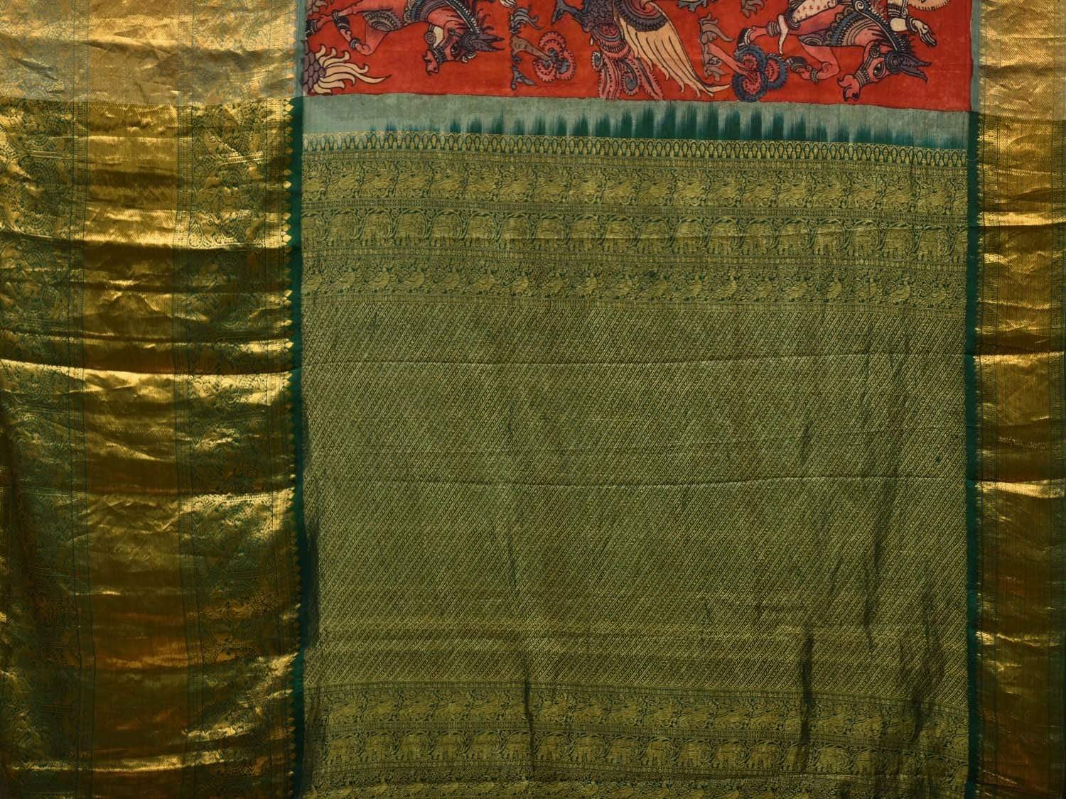 Red and Green Kalamkari Hand Painted Kanchipuram Silk Handloom Saree with Krishna Leela Design KL0577