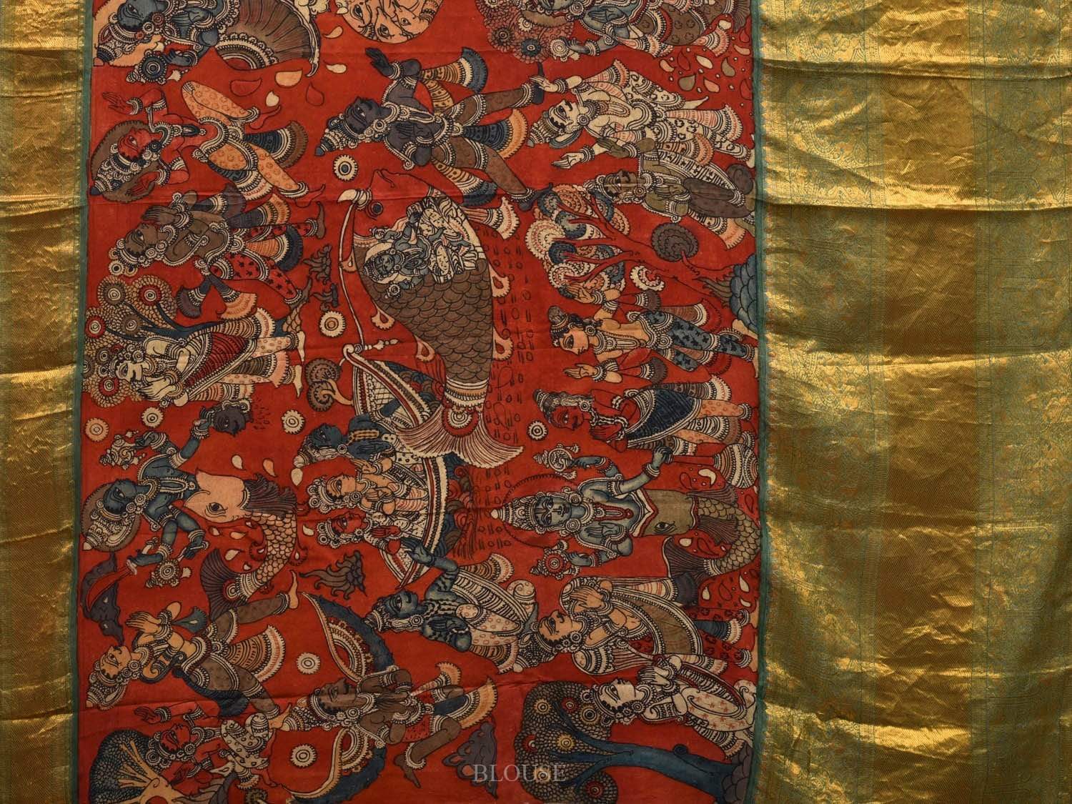 Red and Green Kalamkari Hand Painted Kanchipuram Silk Handloom Saree with Krishna Leela Design KL0577