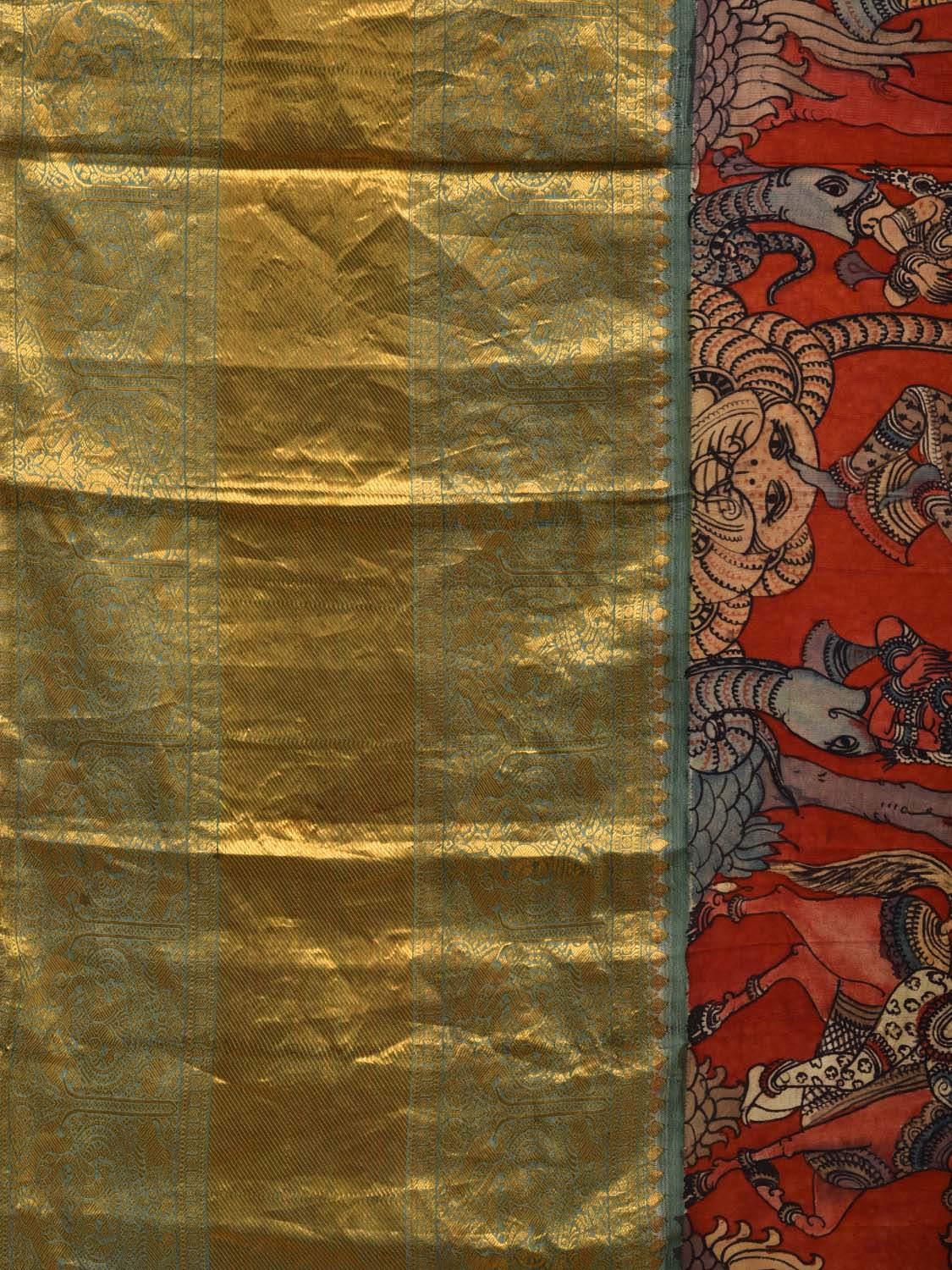 Red and Green Kalamkari Hand Painted Kanchipuram Silk Handloom Saree with Krishna Leela Design KL0577