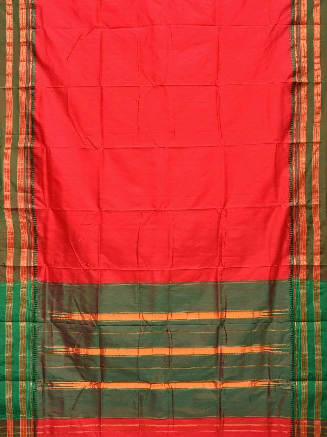 Red and Green Narayanpet Silk Handloom Plain Saree with Traditional Border Design No Blouse np0345