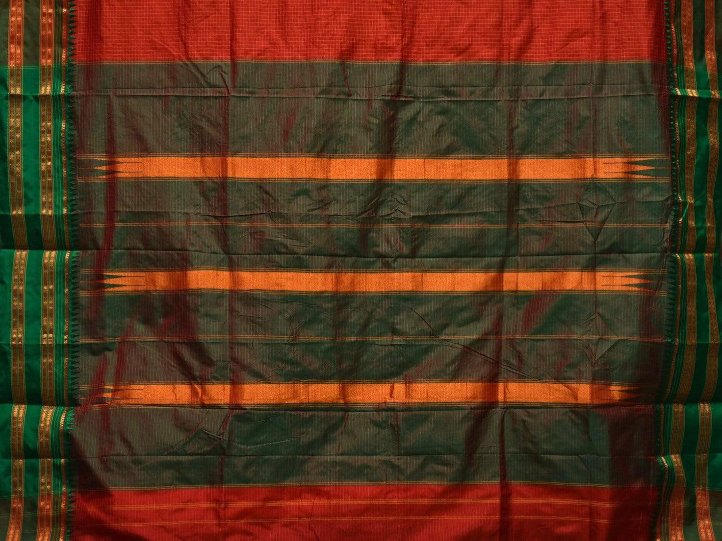 Red and Green Narayanpet Silk Handloom Saree with Checks Design No Blouse np0440