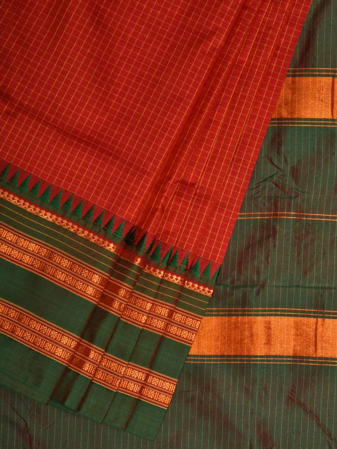 Red and Green Narayanpet Silk Handloom Saree with Checks Design No Blouse np0440