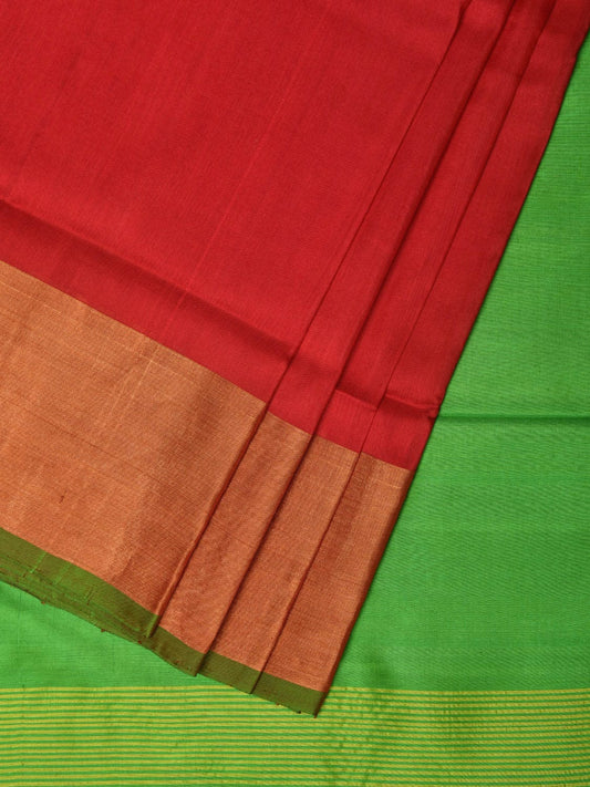 Red and Green Uppada Silk Handloom Plain Saree with Contrast Pallu Design u2148