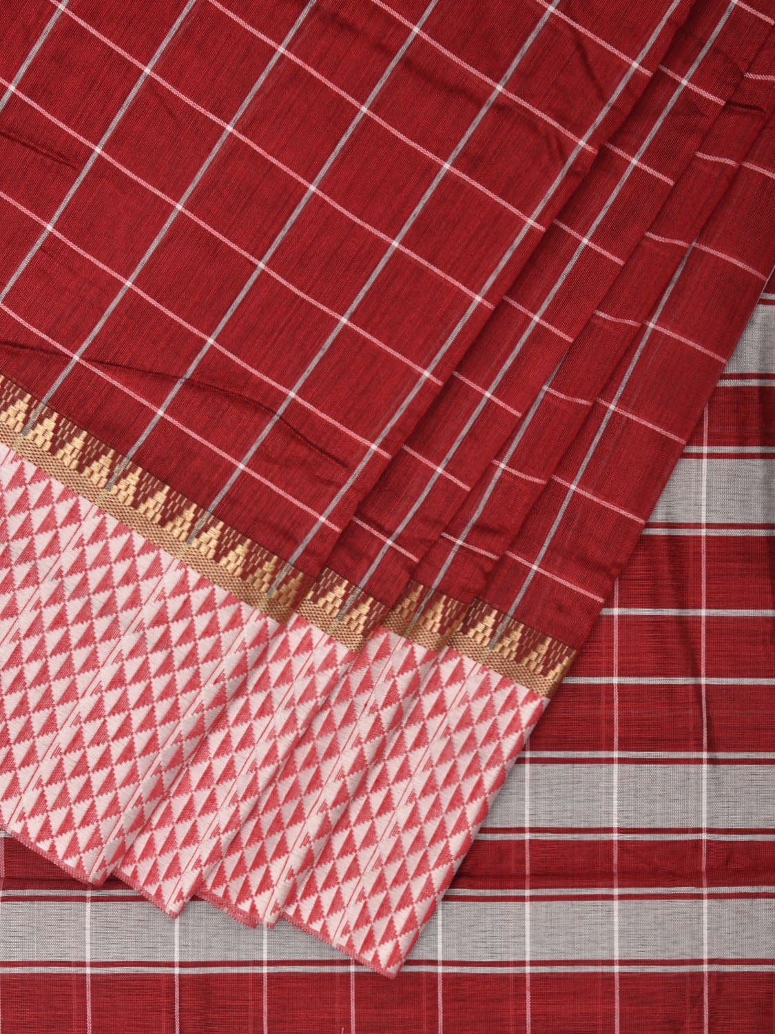 Red and Grey Bamboo Cotton Saree with Big Checks Design No Blouse bc0384