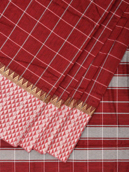 Red and Grey Bamboo Cotton Saree with Big Checks Design No Blouse bc0384