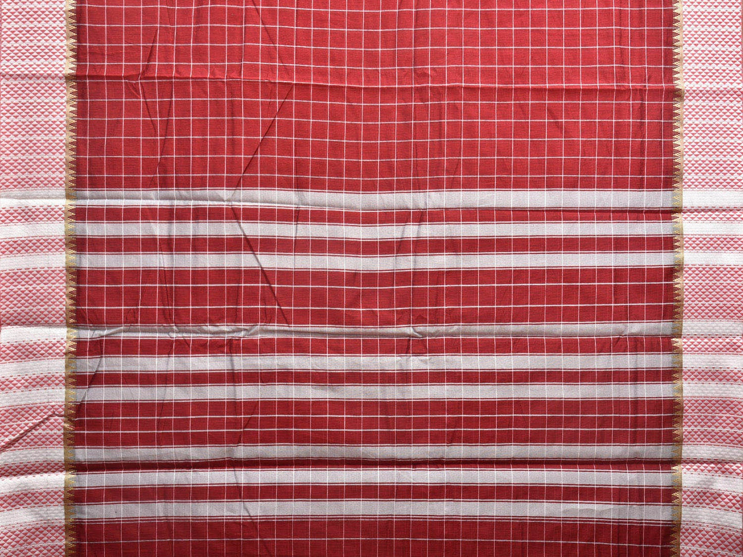 Red and Grey Bamboo Cotton Saree with Big Checks Design No Blouse bc0384