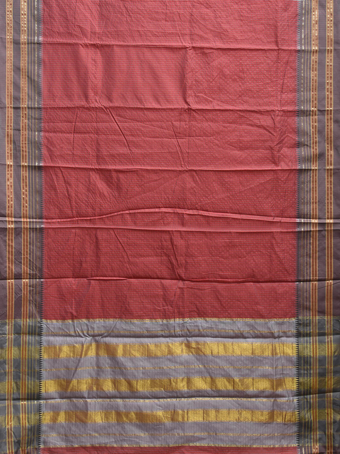 Red and Grey Bamboo Cotton Viscose Silk Saree with Checks Design No Blouse bc0835