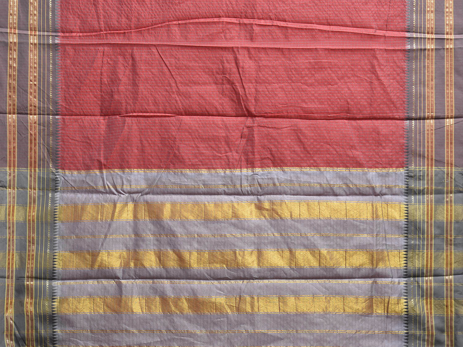 Red and Grey Bamboo Cotton Viscose Silk Saree with Checks Design No Blouse bc0835