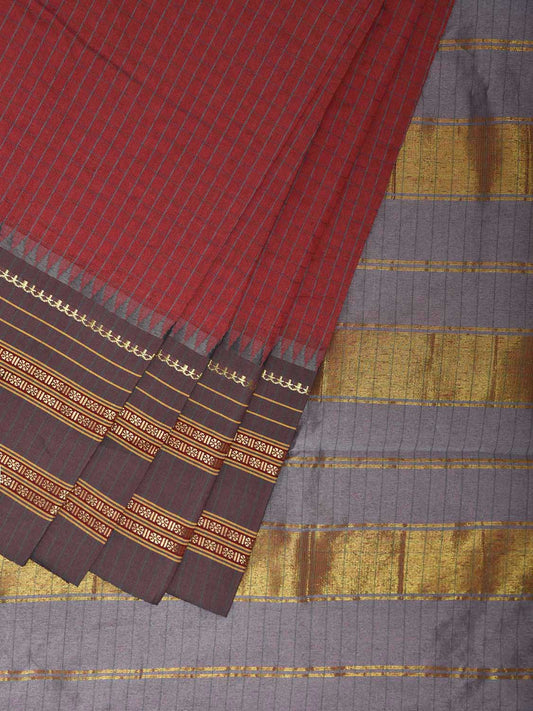 Red and Grey Bamboo Cotton Viscose Silk Saree with Checks Design No Blouse bc0835