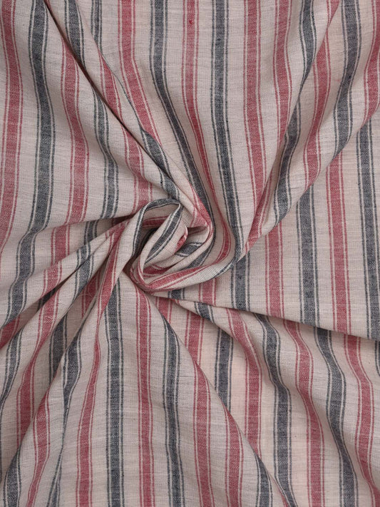 Red and Grey Cotton Handloom 2.5mts Fabric With Strips Design f0174