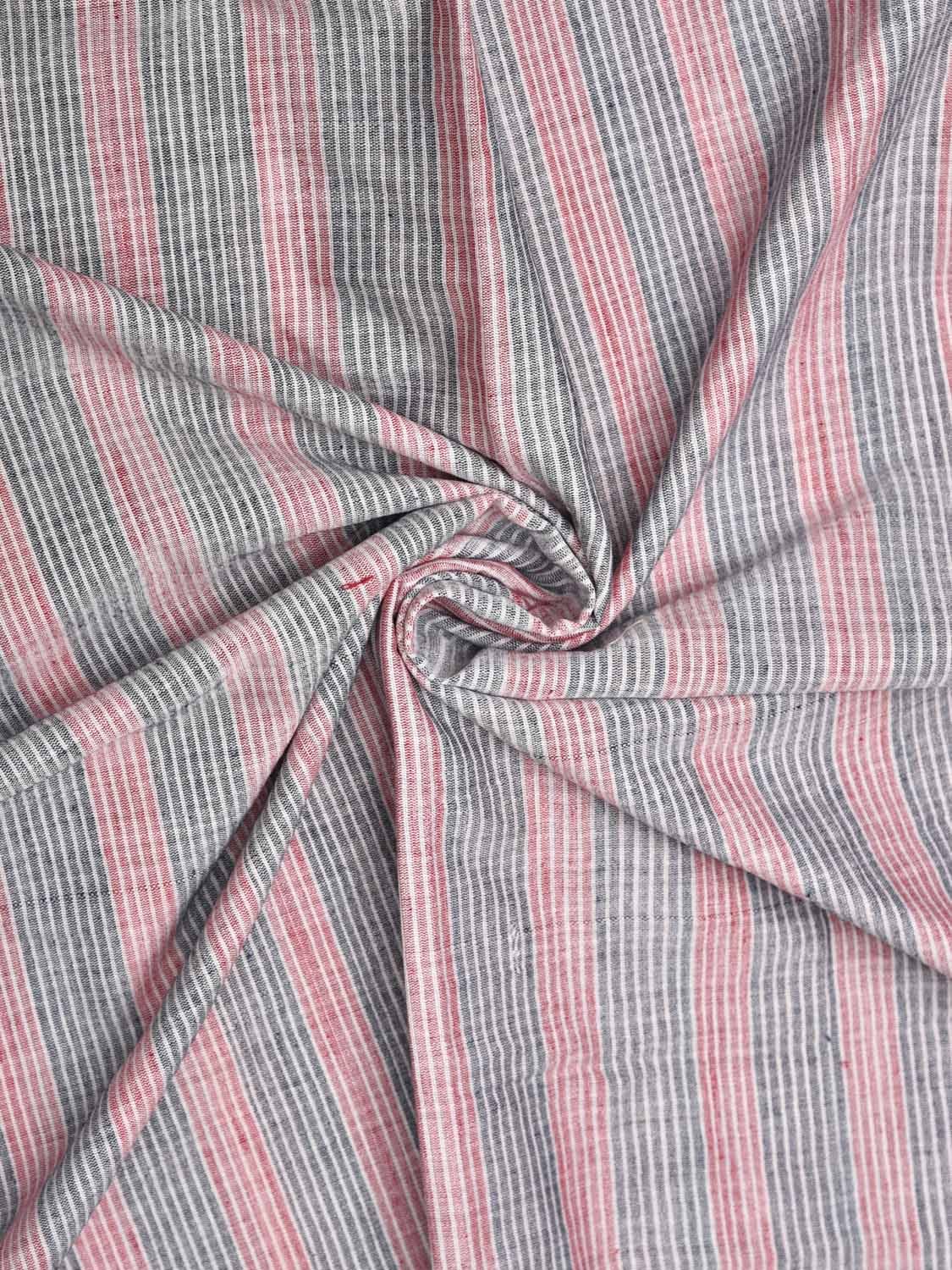 Red and Grey Cotton Handloom 2.5mts Fabric With Strips Design f0184