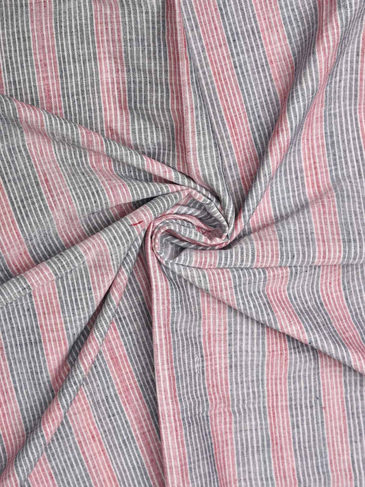 Red and Grey Cotton Handloom 2.5mts Fabric With Strips Design f0184