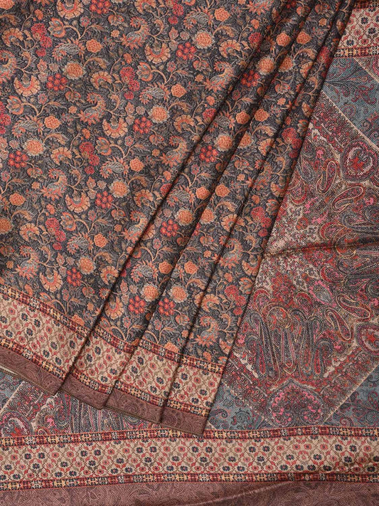 Red and Grey Pashmina Print Viscose Twill Saree with Floral Body and Pasley Pallu Design o0558