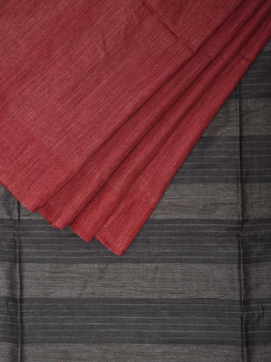 Red and Grey Tussar Plain Saree with Strips Pallu Design o0565