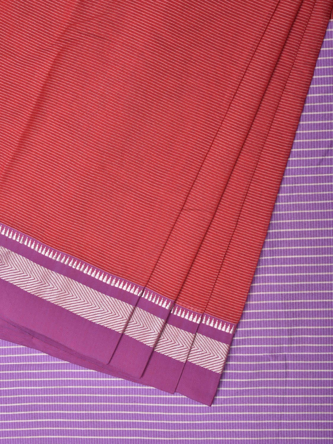 Red and Lavender Bamboo Cotton Saree with Strips Design No Blouse bc0238
