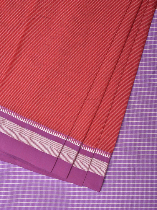 Red and Lavender Bamboo Cotton Saree with Strips Design No Blouse bc0238