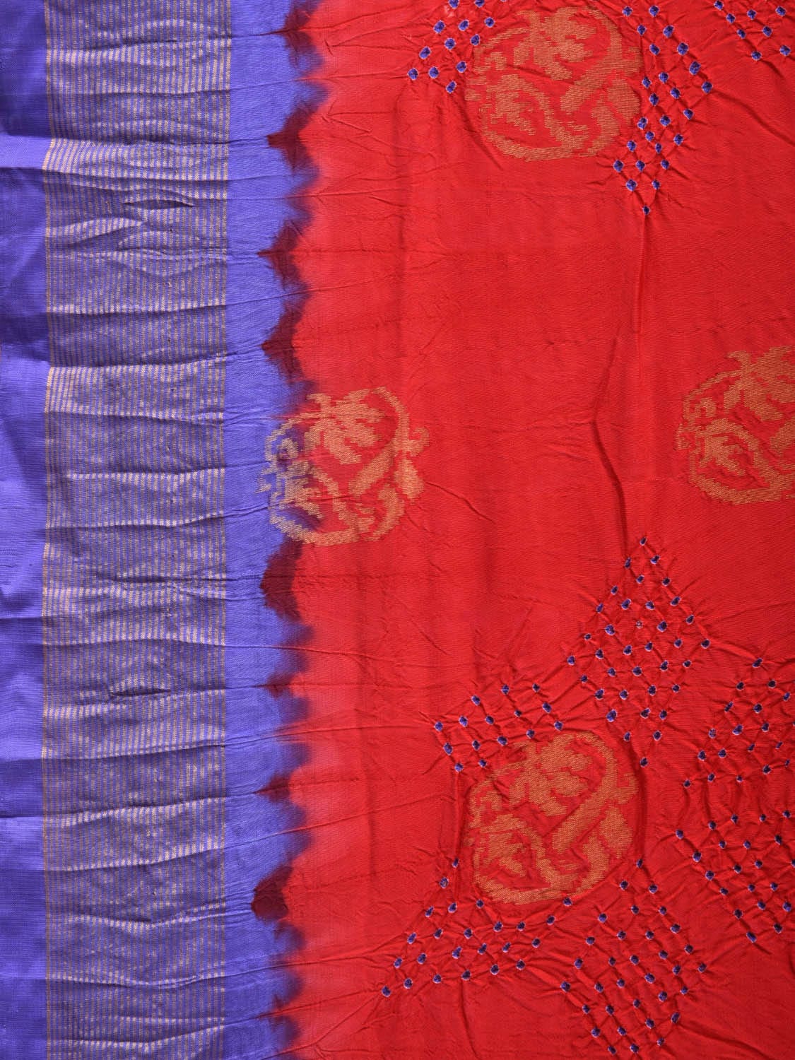 Red and Lavender Bandhani Uppada Silk Handloom Saree with Nilambari Buta Design bn0363