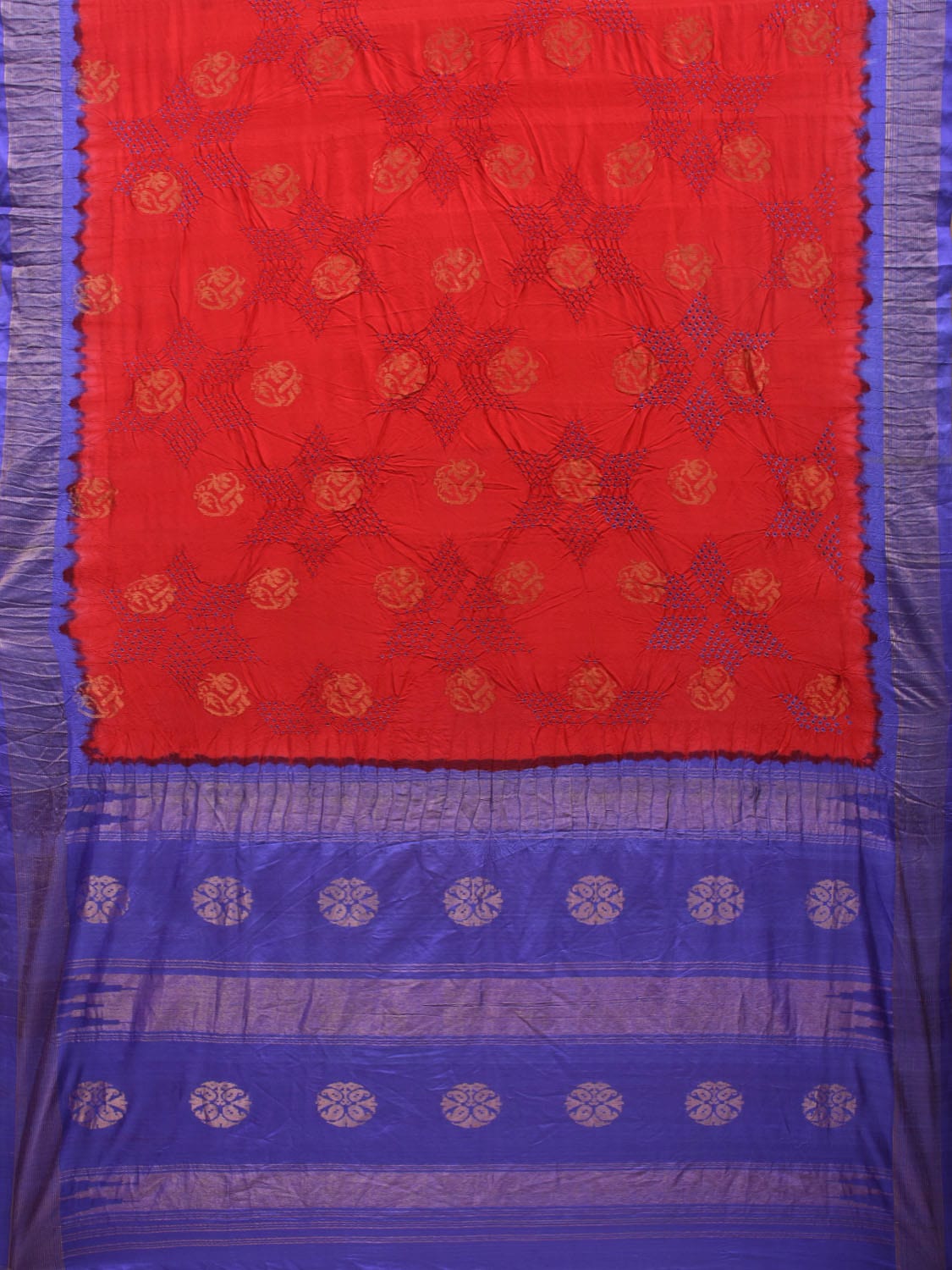 Red and Lavender Bandhani Uppada Silk Handloom Saree with Nilambari Buta Design bn0363
