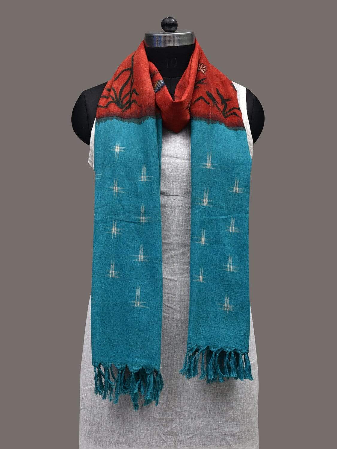 Red and Light Blue Kalamkari Hand Painted Ikat Cotton Handloom Dupatta with Birds Design ds2419