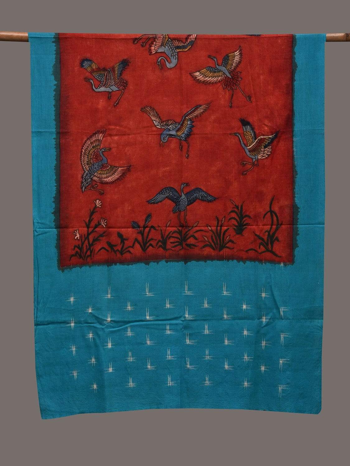 Red and Light Blue Kalamkari Hand Painted Ikat Cotton Handloom Dupatta with Birds Design ds2419