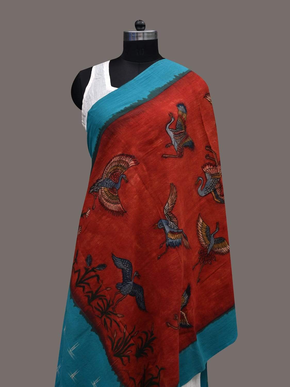 Red and Light Blue Kalamkari Hand Painted Ikat Cotton Handloom Dupatta with Birds Design ds2419