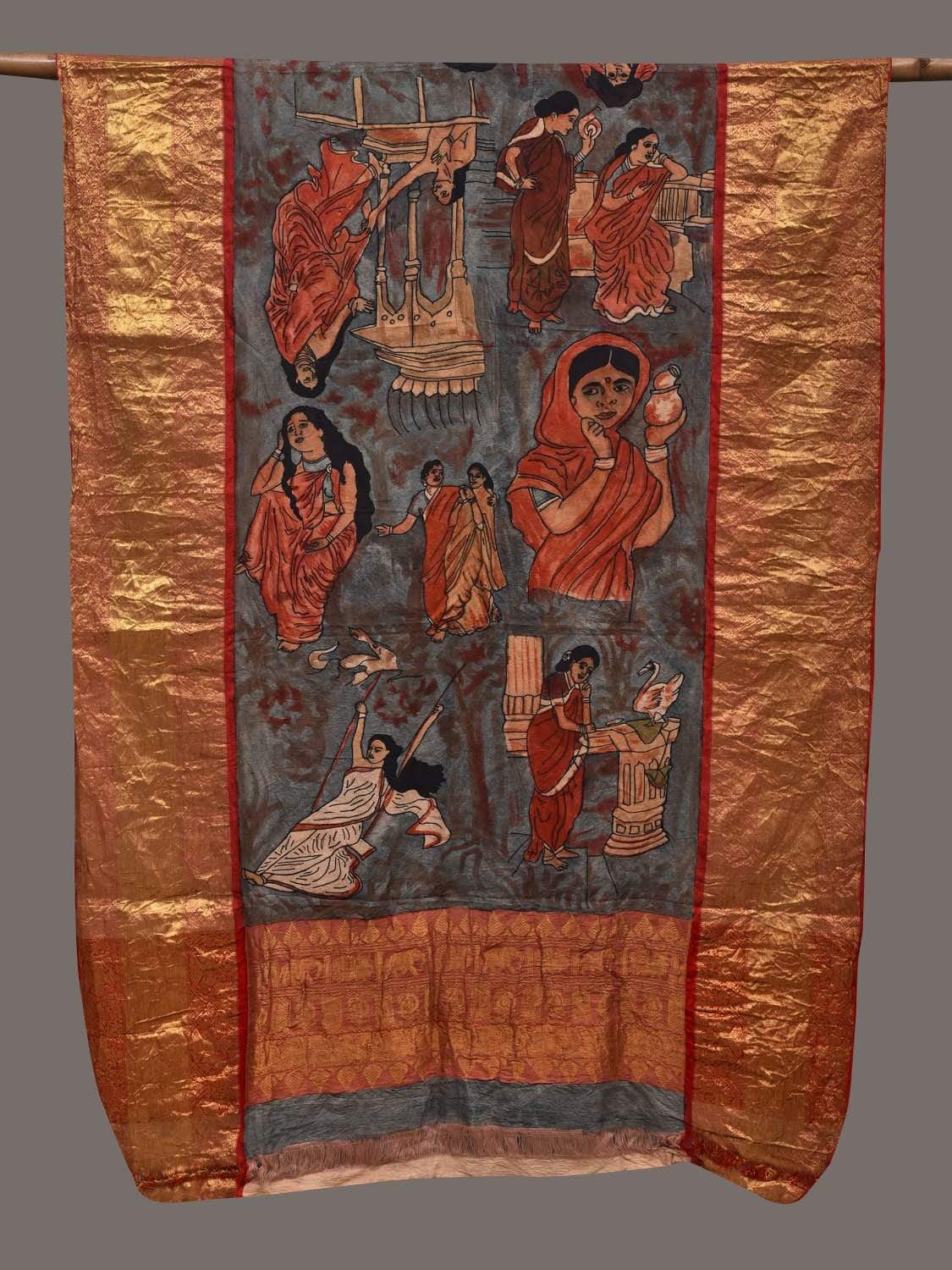 Red and Light Blue Kalamkari Hand Painted Kanchipuram Silk Handloom Dupatta with Painting Design ds2428