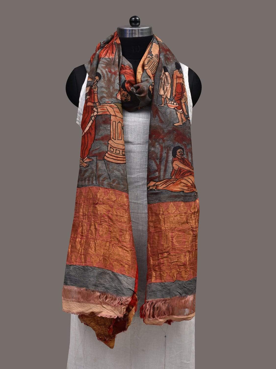 Red and Light Blue Kalamkari Hand Painted Kanchipuram Silk Handloom Dupatta with Painting Design ds2428