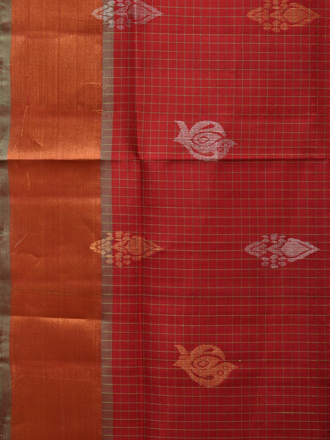 Red and Light Green Uppada Silk Handloom Saree with Body Buta and Checks Design u2197