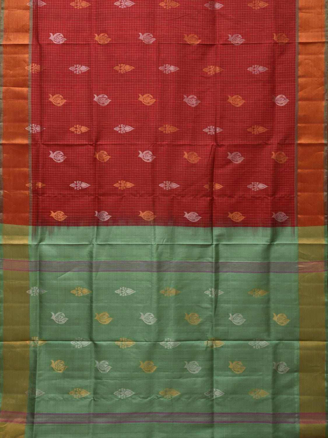Red and Light Green Uppada Silk Handloom Saree with Body Buta and Checks Design u2197