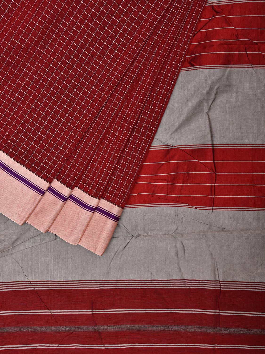 Red and Light Grey ilkal Cotton Viscose Saree with Checks and Ganga-Jamuna Border Design o0530