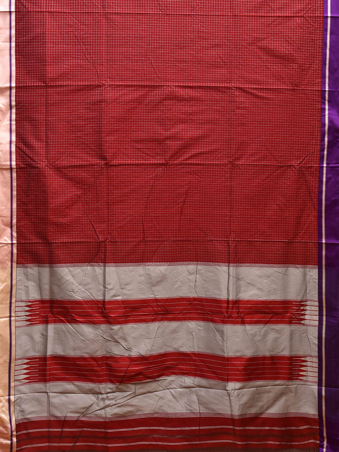 Red and Light Grey ilkal Cotton Viscose Saree with Checks and Ganga-Jamuna Border Design o0530