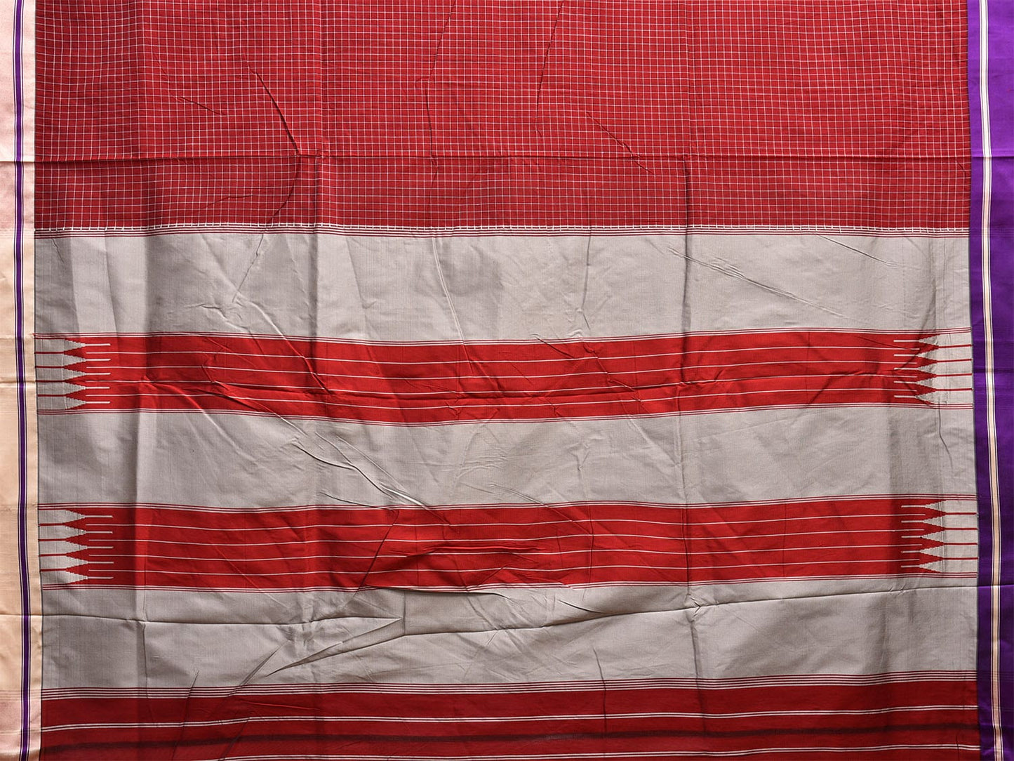 Red and Light Grey ilkal Cotton Viscose Saree with Checks and Ganga-Jamuna Border Design o0530