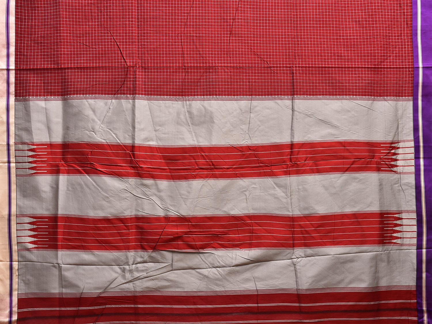 Red and Light Grey ilkal Cotton Viscose Saree with Checks and Ganga-Jamuna Border Design o0530