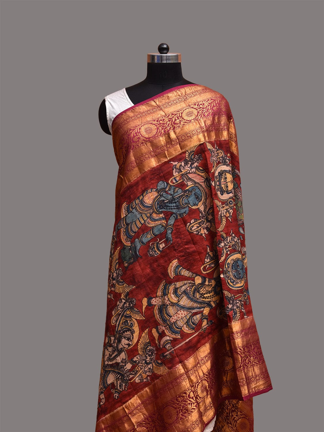 Red and Magenta Kalamkari Hand Painted Kanchipuram Silk Handloom Dupatta with Krishna Design ds3768