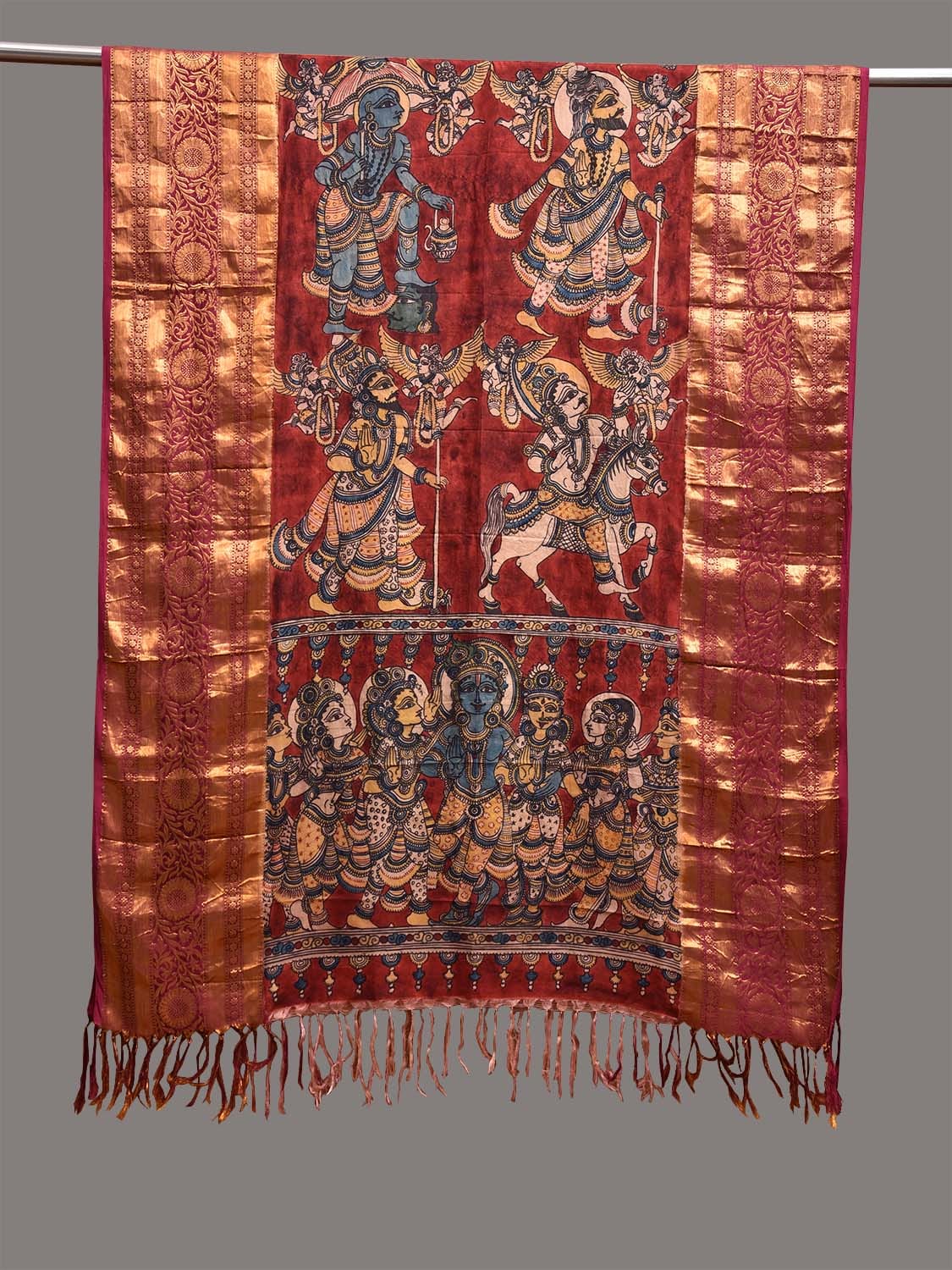 Red and Magenta Kalamkari Hand Painted Kanchipuram Silk Handloom Dupatta with Krishna Design ds3768