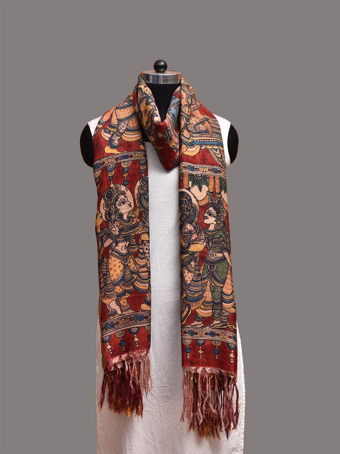 Red and Magenta Kalamkari Hand Painted Kanchipuram Silk Handloom Dupatta with Krishna Design ds3768