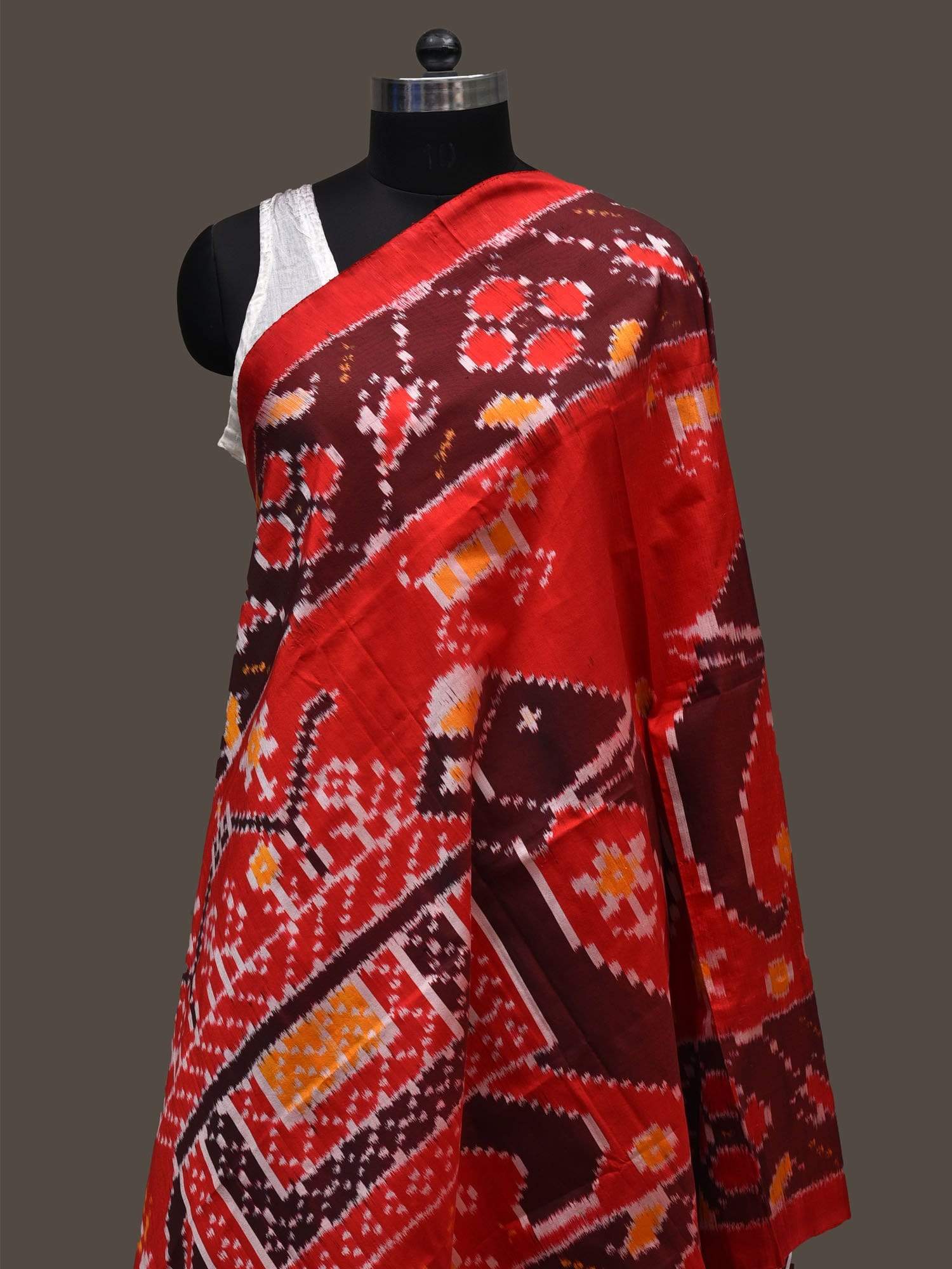 Red and Maroon Ikat Silk Handloom Dupatta with Elephant Design ds2492