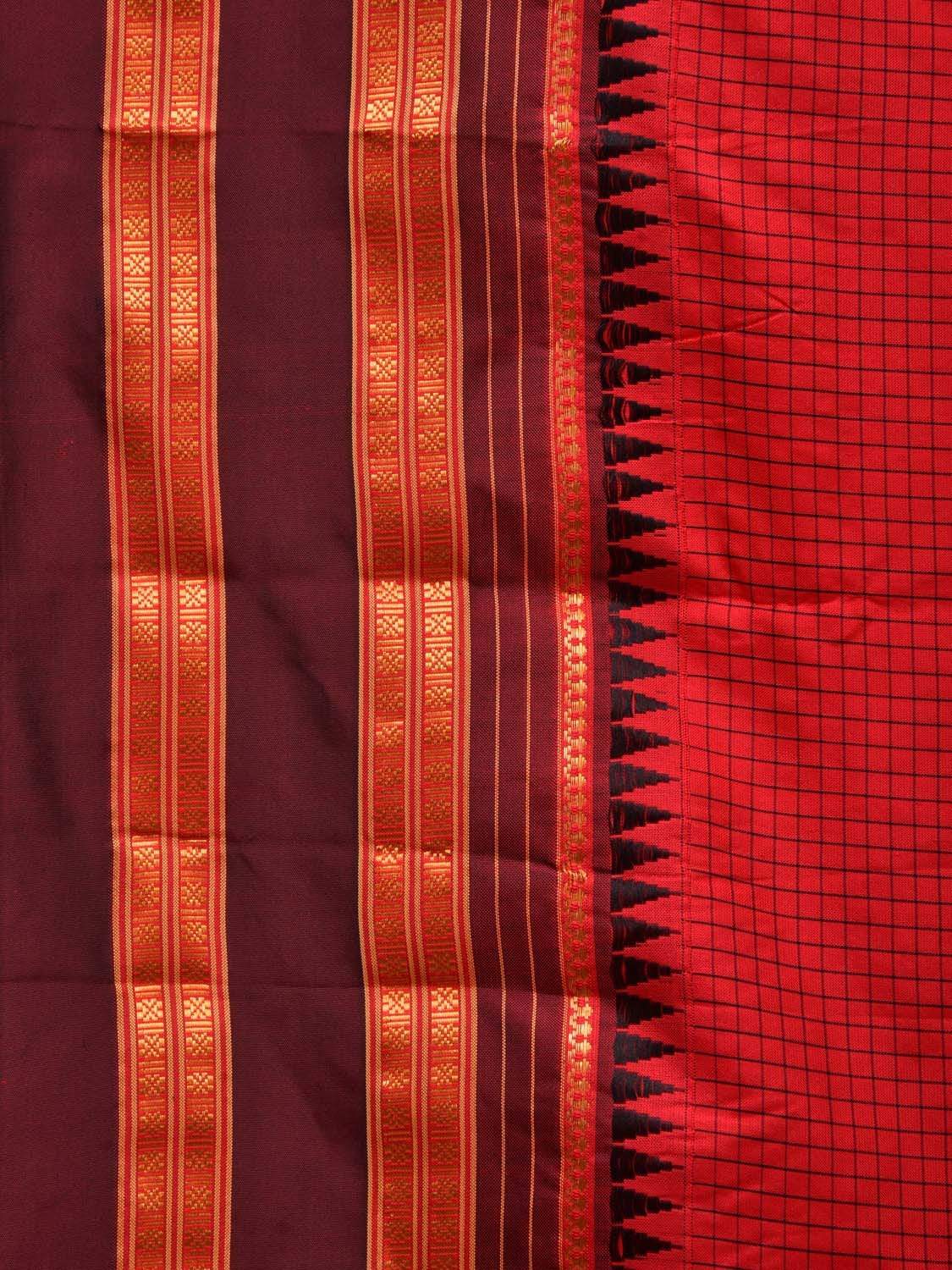 Red and Maroon Narayanpet Silk Handloom Saree with Checks Design No Blouse np0434