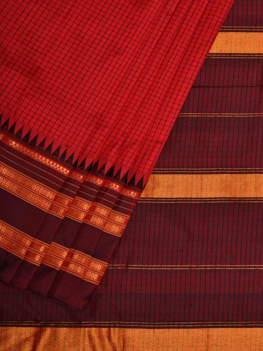 Red and Maroon Narayanpet Silk Handloom Saree with Checks Design No Blouse np0434
