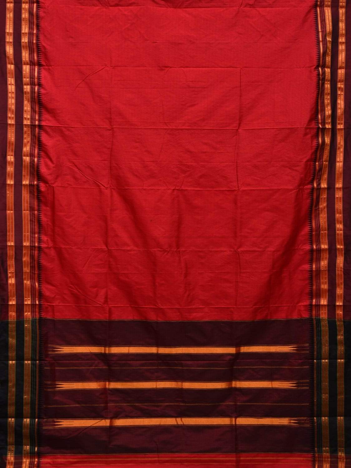 Red and Maroon Narayanpet Silk Handloom Saree with Checks Design No Blouse np0434