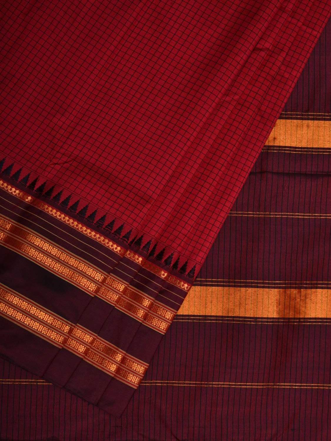 Red and Maroon Narayanpet Silk Handloom Saree with Checks Design No Blouse np0442