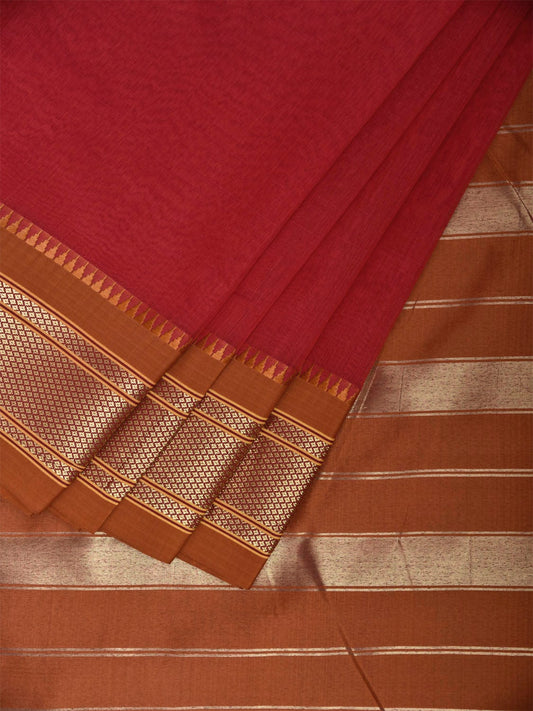 Red and Mustard Bamboo Cotton Plain Saree with Contrast Pallu Design No Blouse bc0800