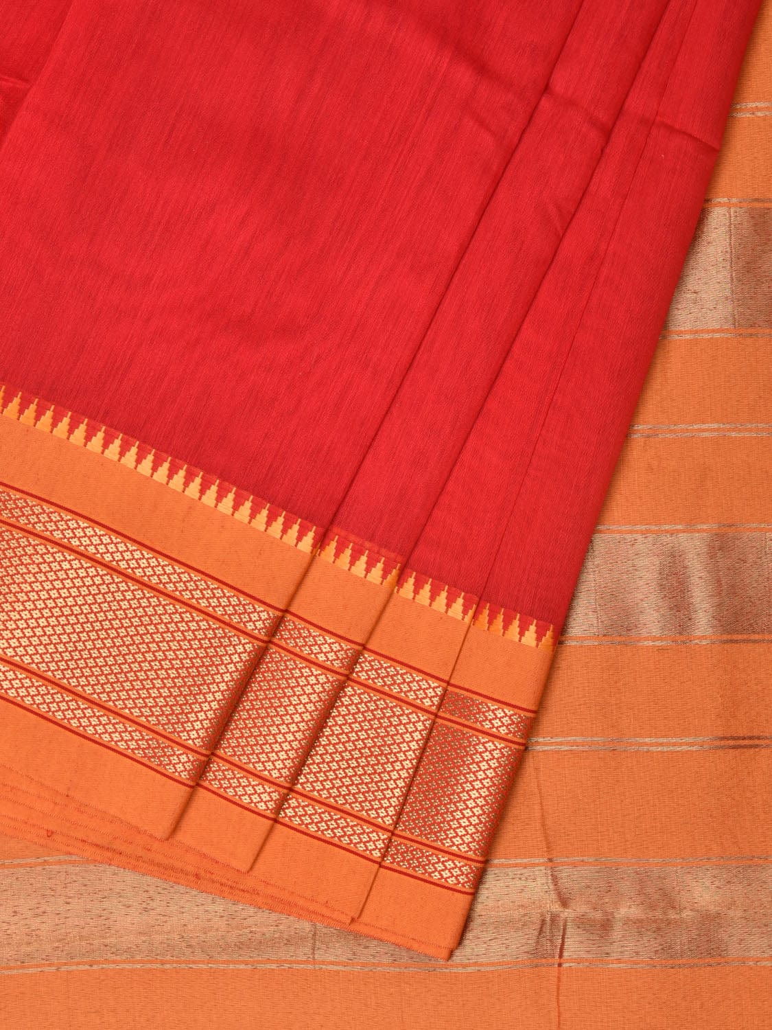Red and Mustard Bamboo Cotton Plain Saree with Zari Border Design No Blouse bc0217