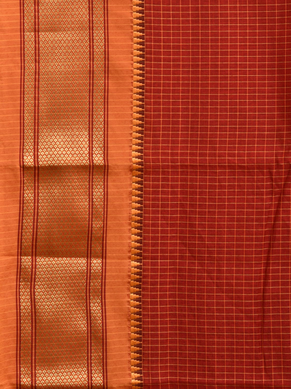 Red and Mustard Bamboo Cotton Saree with Checks and Strips Pallu Design No Blouse bc0278