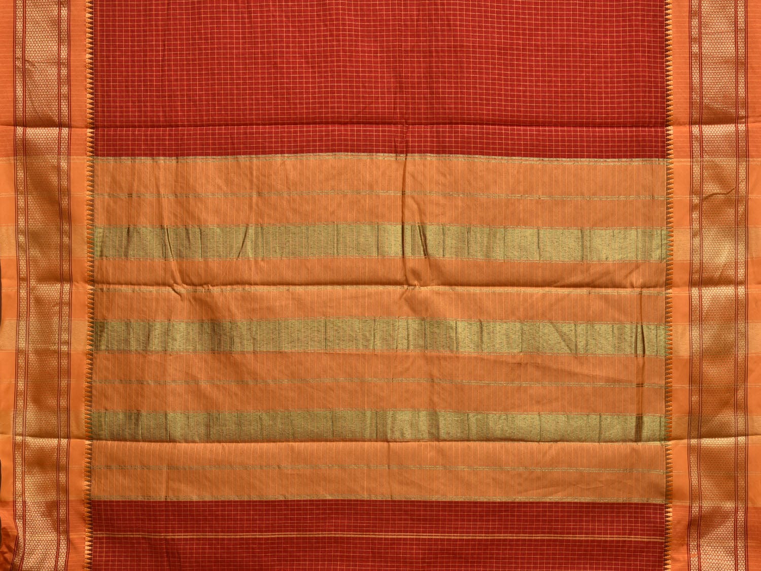 Red and Mustard Bamboo Cotton Saree with Checks and Strips Pallu Design No Blouse bc0278